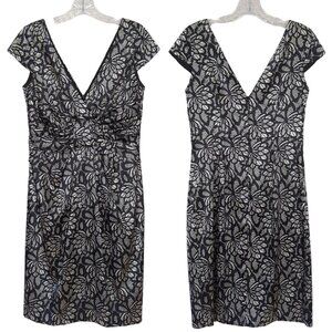 Maggy‎ London size 8 black white floral Dress V-Front V-Back Empire waist